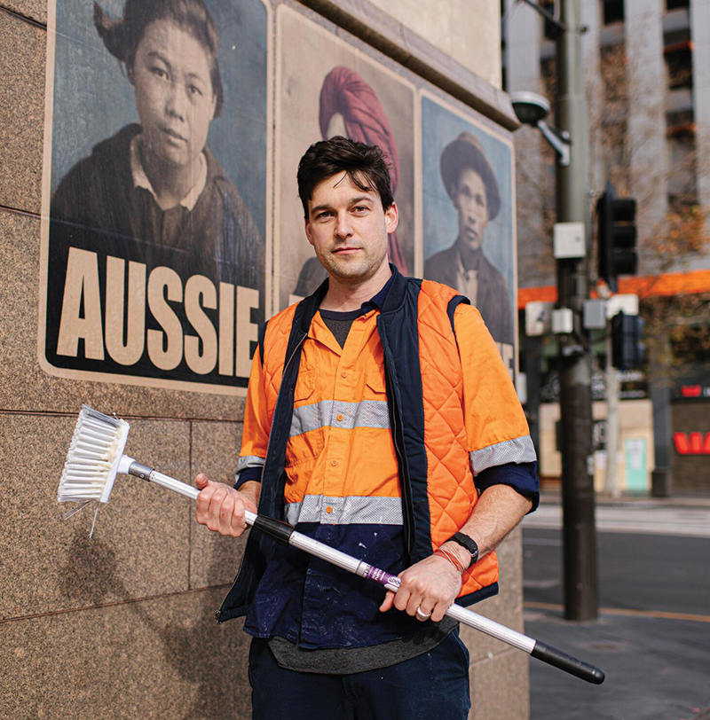 Street artist Peter Drew is known for his &ldquo;Real Australians Say Welcome&rdquo; and &ldquo;Aussie&rdquo; campaign posters. Photo by Wade Whitington.