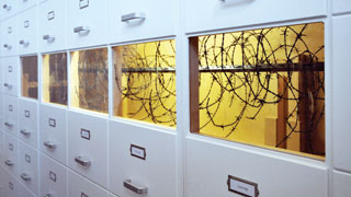 MCGILL PAIN QUESTIONNAIRE. DETAIL 2012 by Eugenie Lee.
MDF, motor, barbed wire, timber, perspex, paint, handles, label holders, paper, TV screens, DVD players, fluorescent light 360x200x50 cm
