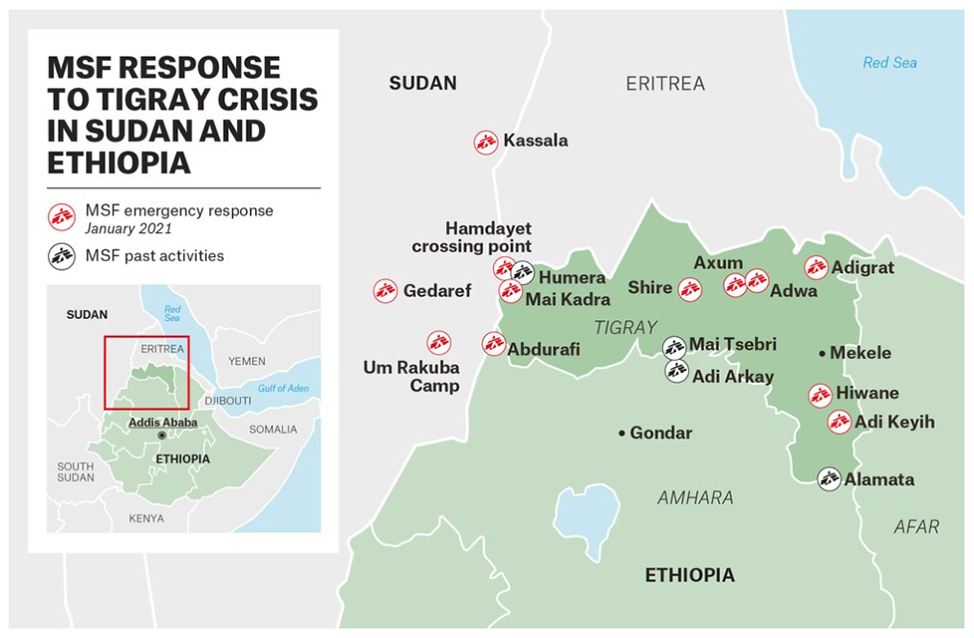 A map of MSF&rsquo;s response to the Tigray Refugee crisis in Sudan and Ethiopia. Source.