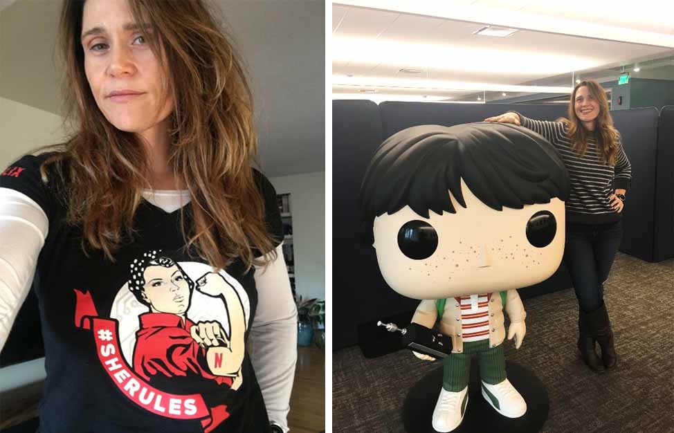 Phillipa in her Netflix &lsquo;Computing With A Strong Female Lead&rsquo; shirt (left) and with an oversized FUNKO Pop! figurine of Mike from Stranger Things.