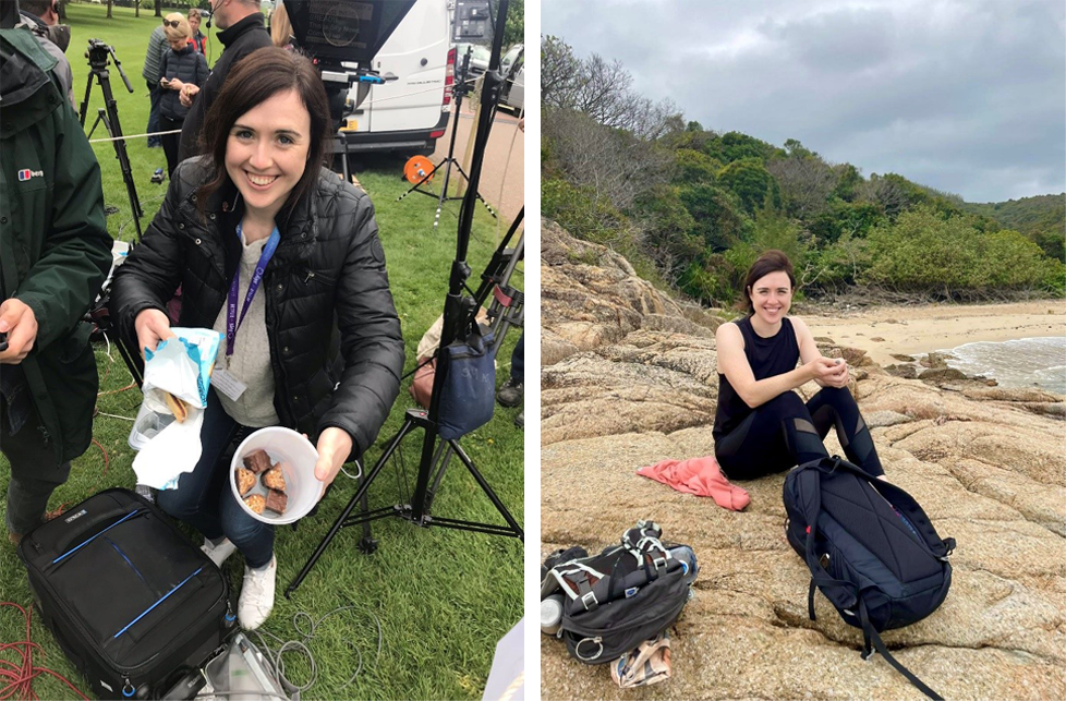Lauren (left) at Windsor after Prince Louis was born, &ldquo;always bring snacks to a live broadcast&rdquo;, and (left) during a hike in Hong Kong more recently