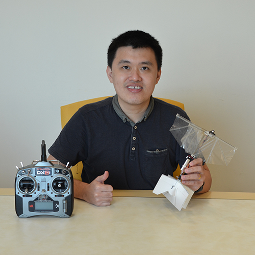 Dr Yao-Wei Chin with the flapping wing drone prototype