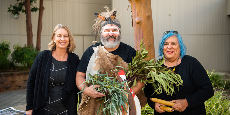 (L-R) Pro Vice Chancellor: Education, Arts and Social Sciences Professor Joanne Cys, Senior Kaurna Man Mickey Kumatpi O&rsquo;Brien and Aboriginal Student Engagement Officer Anna Strzelecki at the opening of the Magill facilities.