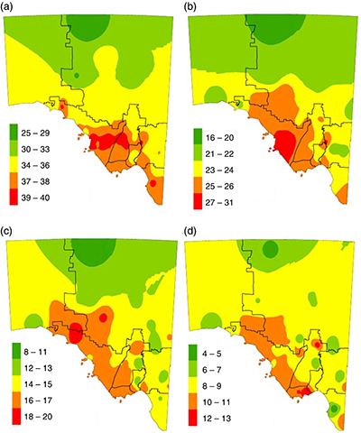 Total number of drought events (based on the Standardised Precipitation Index) at time scales of (a) 3 months, (b) 6 months, (c) 12&thinsp;months and (d) 24&thinsp;months.