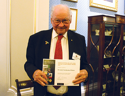 Uncle Lewis O&rsquo;Brien, with his South Australian Lifelong History Achievement Award. Photo courtesy History Trust of South Australia. 