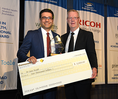 Prime Super Agricultural Innovation Award - Dr Sam Rudd &ndash; WINNER.jpg Caption: Dr Sam Rudd has receives the Prime Super Agricultural Innovation Award at the 2019 Community Achievement Awards from Prime Super Regional Manager &ndash; SA Chris Pole. 