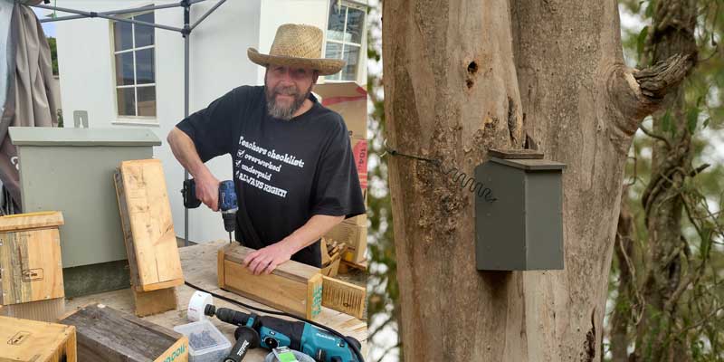 Kangaroo Island resident John Bancan making an emergency nest box &ndash; one of a number of community projects under way on KI, supported by new funding from UniSA.
