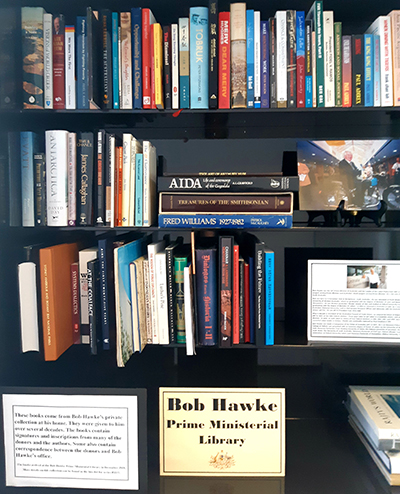 A small selection of books from Hawke&rsquo;s personal collection on display in the Bob Hawke Prime Ministerial Library.
