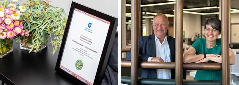 Enterprise Hub Launch. Deputy Vice Chancellor: Research and Enterprise Professor Marnie Hughes-Warrington AO and Enterprise Hub director Peter Stevens, pose at the refurbished &lsquo;birdcage&rsquo;, an iconic relic from the building&rsquo;s heydays. The birdcage now wraps around a meeting space for UniSA staff and industry partners.  