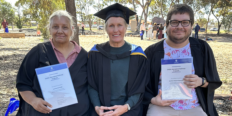 Lavinia &lsquo;Lovie&rsquo; Richards, left, with APP Program Regional Tutor Barbie Clutterbuck and Zac Nelson-Richards. Photo by Lauren Shivvaan.
