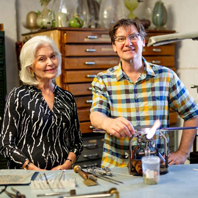 Paula Nagel and Tom Moore in the artist&rsquo;s studio.
