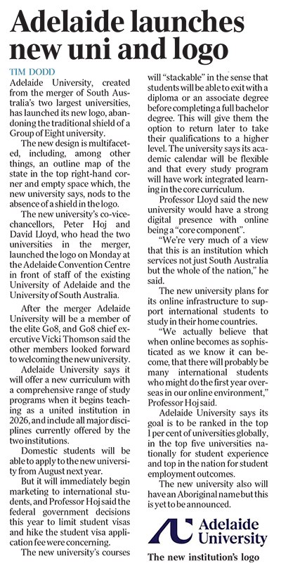 Article about the new Adelaide University logo launch - The Australian 17 July 2024