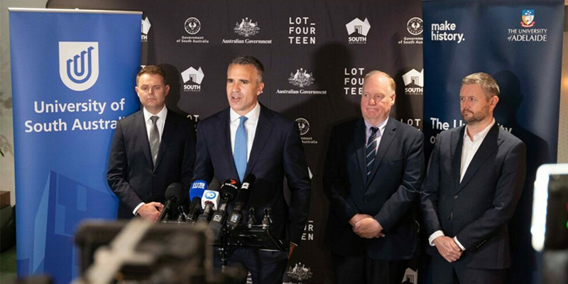 SA Defence and Space Industries Minister Stephen Mullighan, Premier Peter Malinauskas, University of Adelaide Deputy Vice-Chancellor (Research) Professor Anton Middelberg and UniSA Vice Chancellor Professor David Lloyd at the launch.