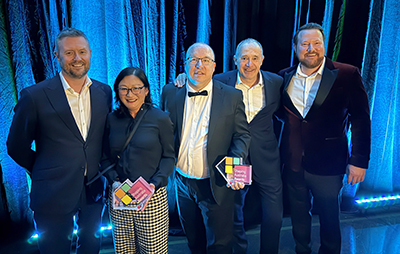 UniSA Vice Chancellor Professor David Lloyd, Professor Lan Snell, Associate Professor Stewart Von Itzstein, Dino Rossi and Ryan McClenaghan at the awards event in Canberra.