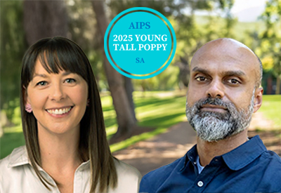 UniSA's Dr Sarah Boyle and Dr Ben Singh, recipients of SA's 2025 Young Tall Poppy Awards.