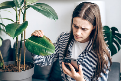 Woman worried about the health of her plant. Getty Images Credit: Yurii Yarema