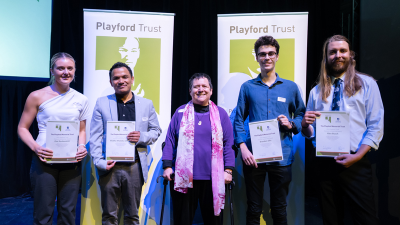 UniSA Playford Trust Honours recipients Zoe Reubenicht, Madhu Khadaka Chhetri, Brendan Ellis, and Alex Busch with Executive Dean of UniSA STEM Professor Jacqui Rummage. 